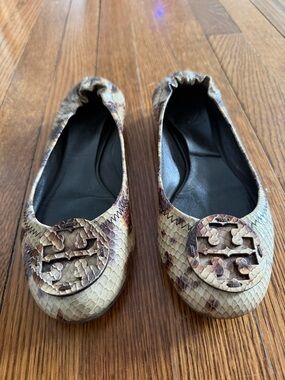 Tory Burch Beige and Brown Python-Print Leather Logo Ballet Flats